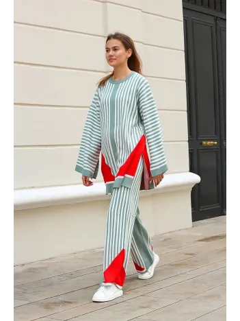 Çizgili Bisiklet Yaka Triko Takım Mint
