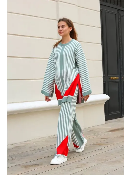 Çizgili Bisiklet Yaka Triko Takım Mint