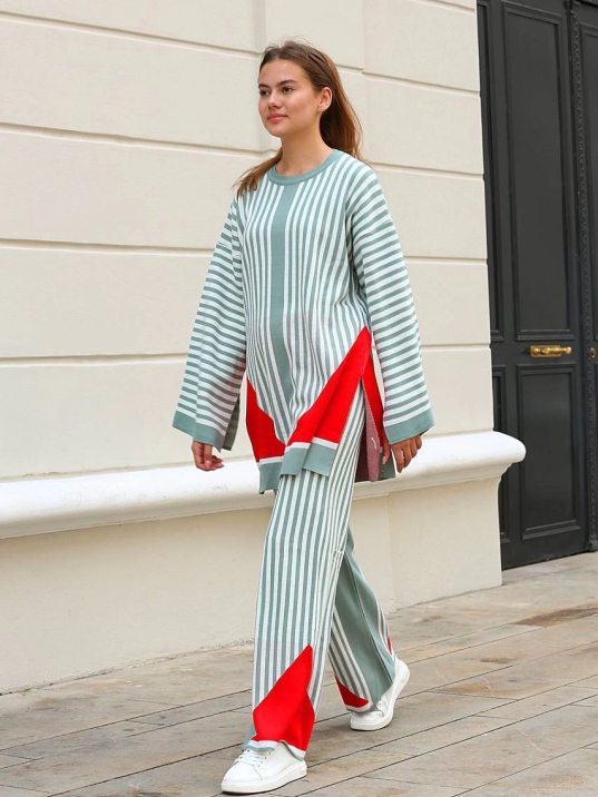 Çizgili bisiklet yaka triko takım Mint