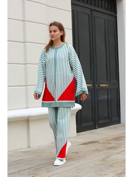 Çizgili Bisiklet Yaka Triko Takım Mint