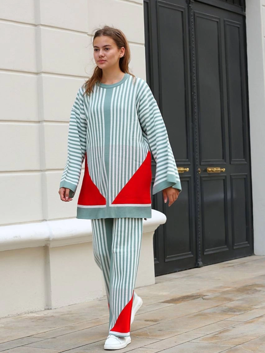 Çizgili bisiklet yaka triko takım Mint