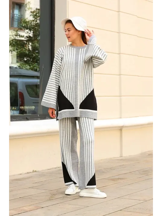 Çizgili Bisiklet Yaka Triko Takım Gri