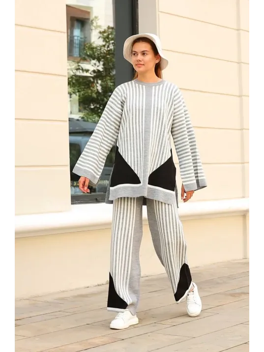 Çizgili Bisiklet Yaka Triko Takım Gri