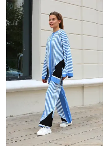 Çizgili Bisiklet Yaka Triko Takım Mavi