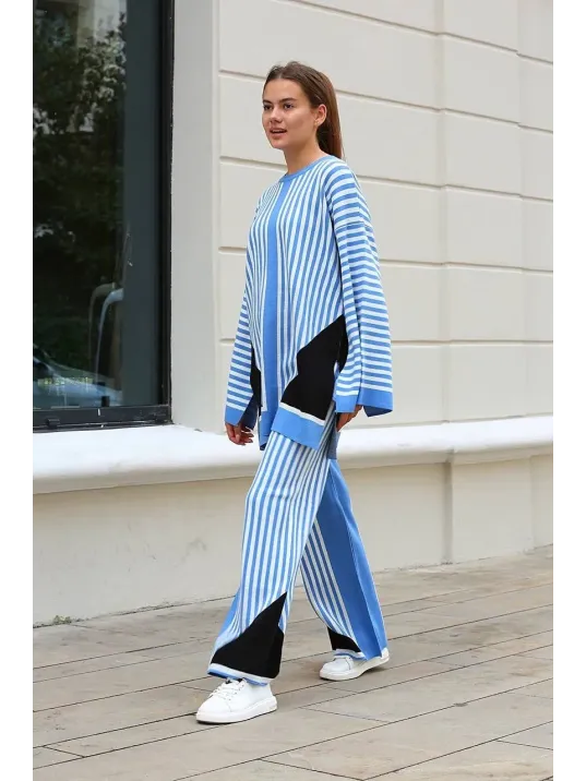 Çizgili Bisiklet Yaka Triko Takım Mavi