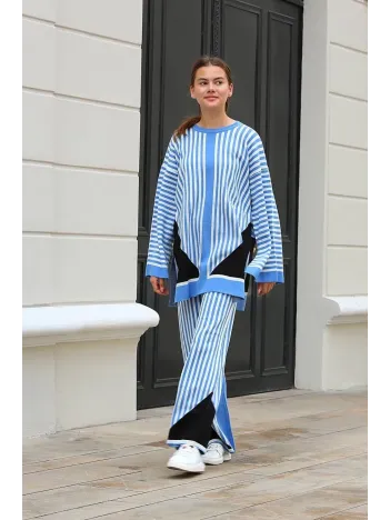 Çizgili Bisiklet Yaka Triko Takım Mavi