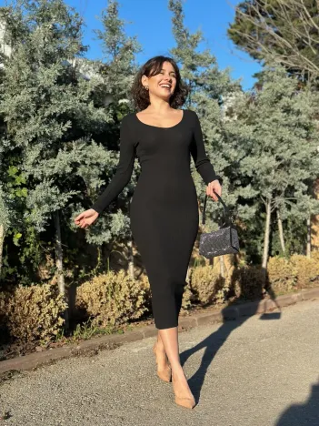 V Yaka Uzun Kollu Midi Boy Elbise Siyah A3154