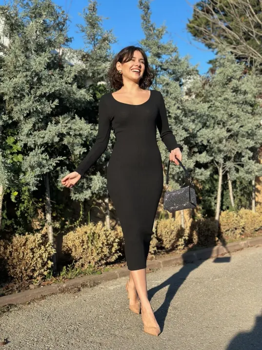 V Yaka Uzun Kollu Midi Boy Elbise Siyah A3154