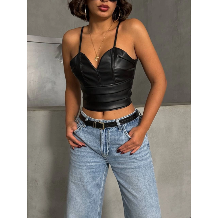 İp askılı yandan fermuarlı rastale deri crop siyah s24113 İp askılı yandan fermuarlı rastale deri crop siyah s24113