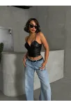 İp Askılı Yandan Fermuarlı Rastale Deri Crop Siyah S24113