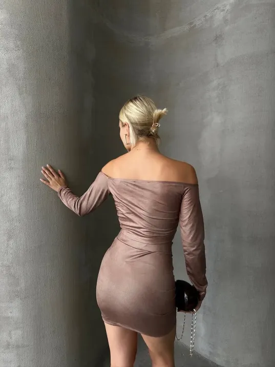 Büzgülü Etek Bluz Takım Kahve S24709