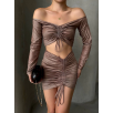 Büzgülü etek bluz takım kahve s24709 Büzgülü etek bluz takım kahve s24709