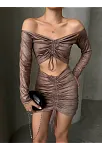 Büzgülü Etek Bluz Takım Kahve S24709