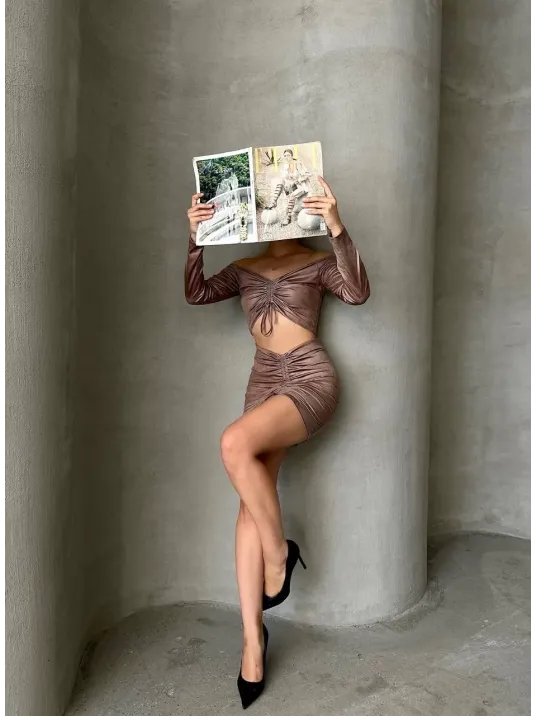 Büzgülü Etek Bluz Takım Kahve S24709