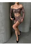 Büzgülü Etek Bluz Takım Kahve S24709