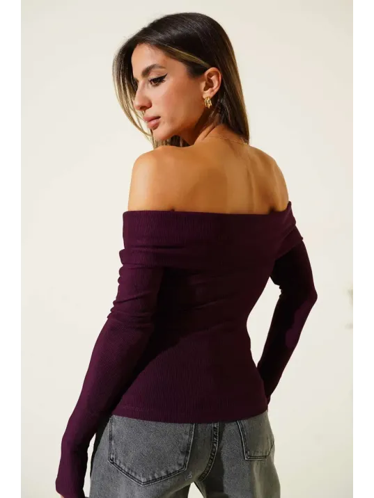 Madonna Yaka Düğmeli Bluz Mürdüm T4329