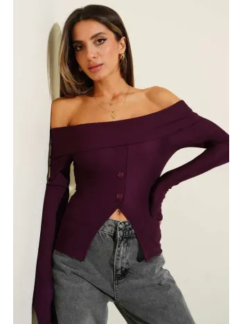 Madonna Yaka Düğmeli Bluz Mürdüm T4329