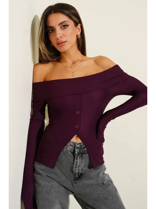Madonna Yaka Düğmeli Bluz Mürdüm T4329