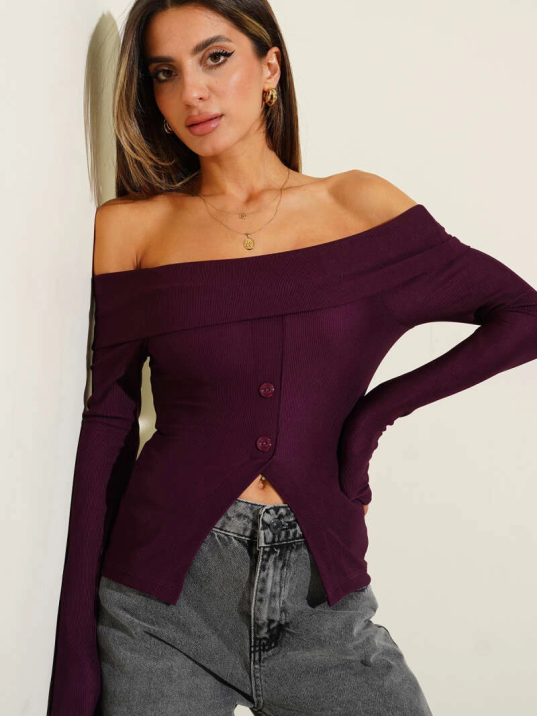 Madonna Yaka Düğmeli Bluz Mürdüm t4329 Madonna Yaka Düğmeli Bluz Mürdüm t4329