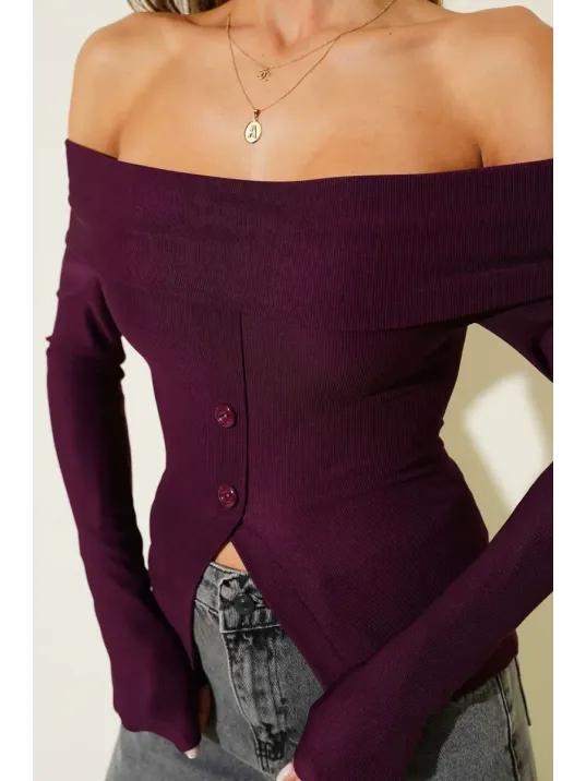 Madonna Yaka Düğmeli Bluz Mürdüm T4329