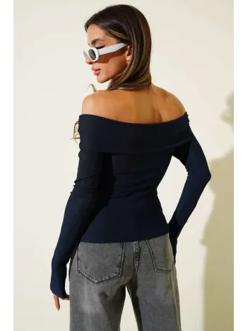 Madonna Yaka Düğmeli Bluz Lacivert T4329