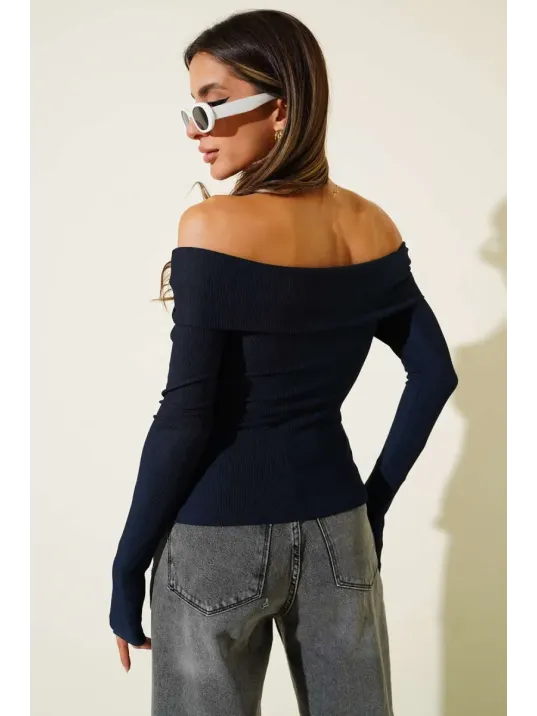 Madonna Yaka Düğmeli Bluz Lacivert T4329