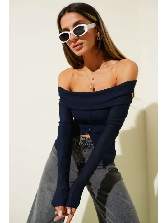 Madonna Yaka Düğmeli Bluz Lacivert T4329