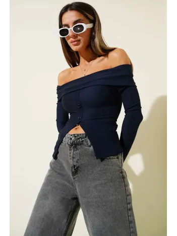 Madonna Yaka Düğmeli Bluz Lacivert T4329