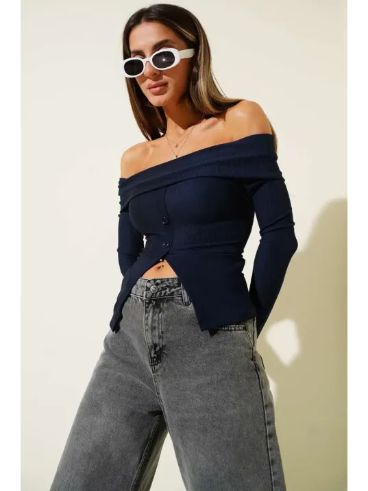 Madonna Yaka Düğmeli Bluz Lacivert T4329