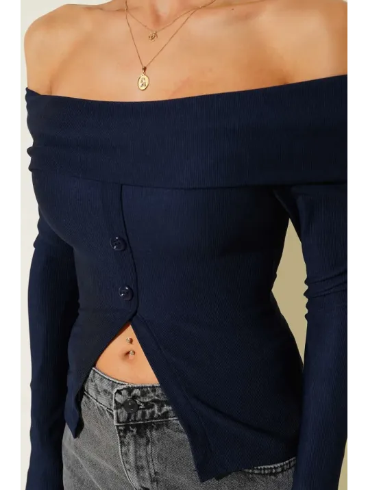 Madonna Yaka Düğmeli Bluz Lacivert T4329