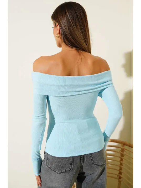 Madonna Yaka Düğmeli Bluz Mavi T4329