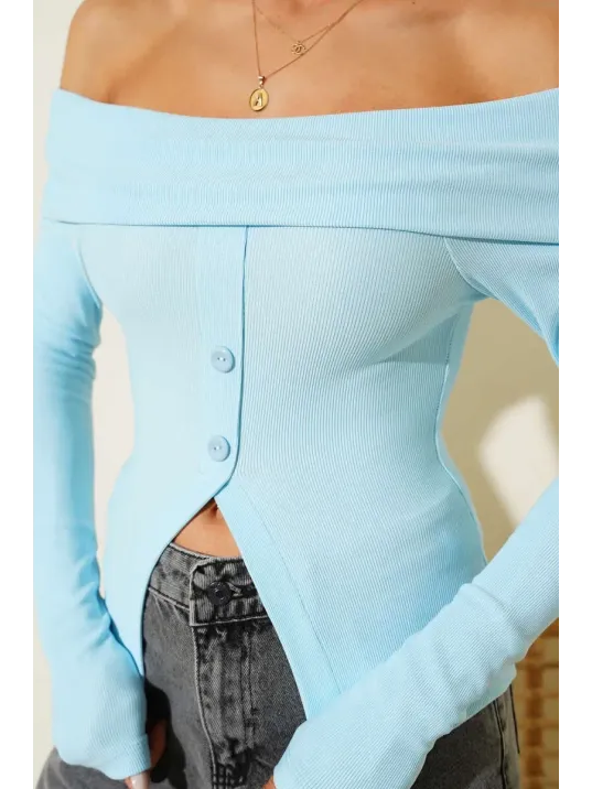 Madonna Yaka Düğmeli Bluz Mavi T4329