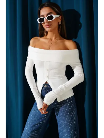 Madonna Yaka Düğmeli Bluz Beyaz T4329