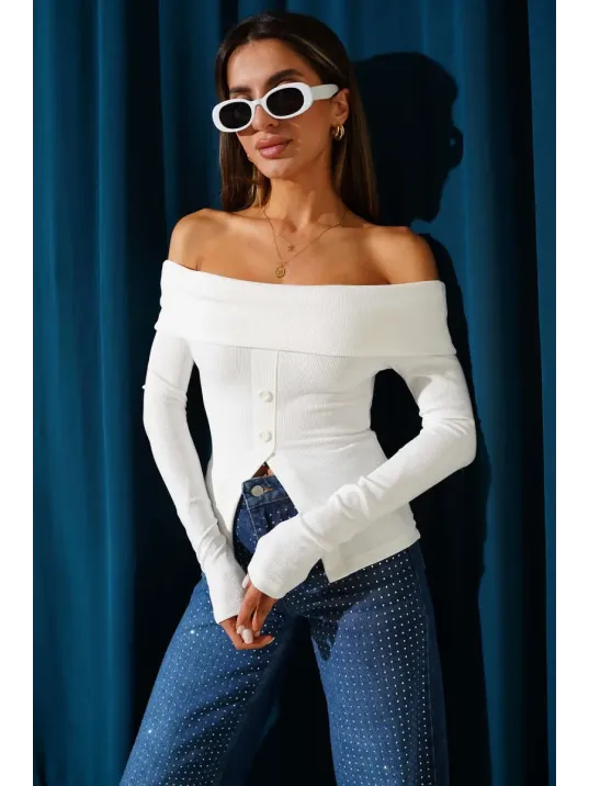 Madonna Yaka Düğmeli Bluz Beyaz T4329