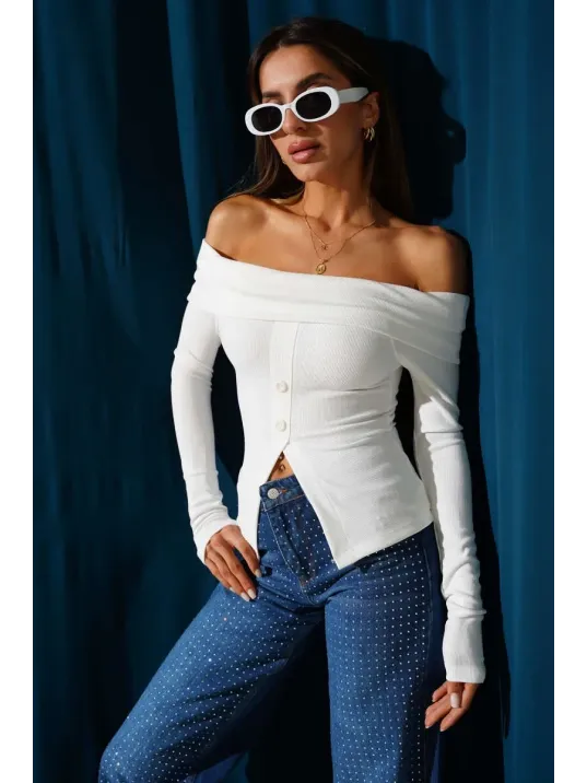 Madonna Yaka Düğmeli Bluz Beyaz T4329
