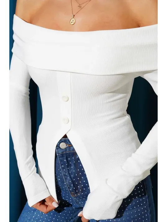 Madonna Yaka Düğmeli Bluz Beyaz T4329