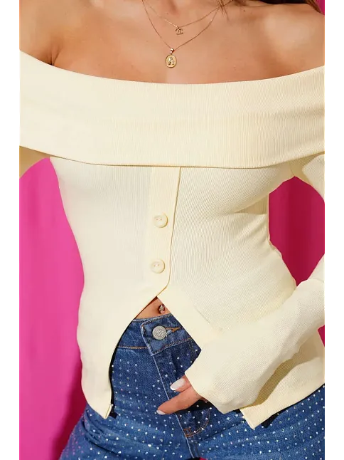 Madonna Yaka Düğmeli Bluz Sarı T4329