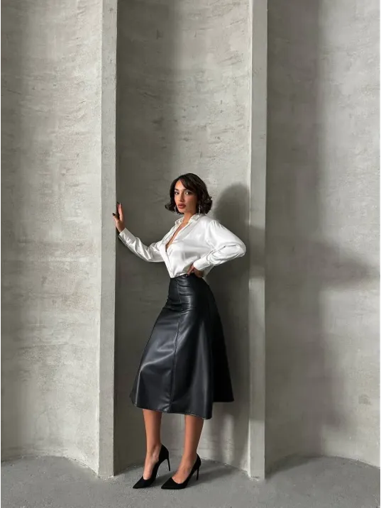 Komple Parçalı Deri Etek Siyah H26441