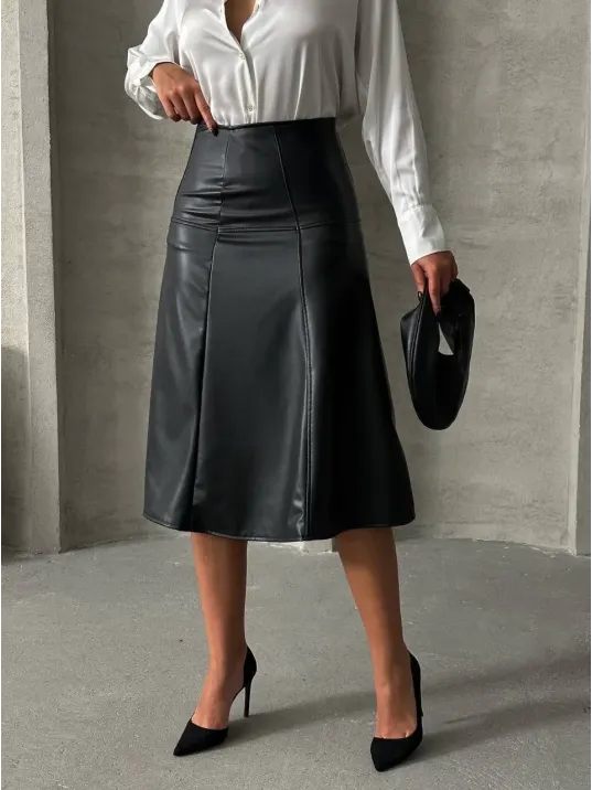 Komple Parçalı Deri Etek Siyah H26441