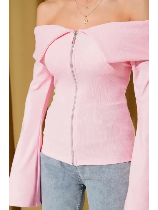 Omzu Açık Fermuarlı Bluz Pembe T4330