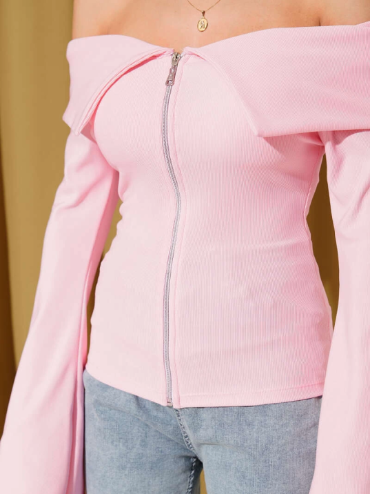 Omzu Açık Fermuarlı Bluz pembe T4330 Omzu Açık Fermuarlı Bluz pembe T4330