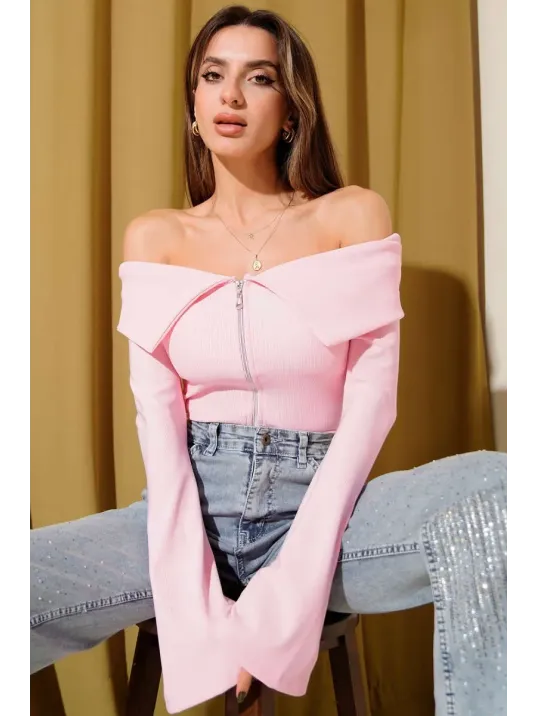 Omzu Açık Fermuarlı Bluz Pembe T4330