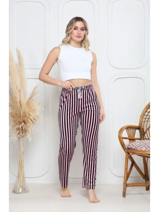 Kadife Pijama Altı Pembe Üstüne Siyah Çizgi Desenli Q7013