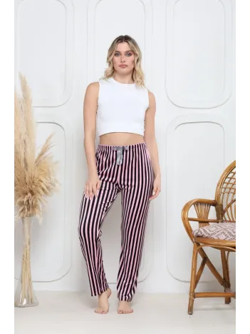 Kadife Pijama Altı Pembe Üstüne Siyah Çizgi Desenli Q7013