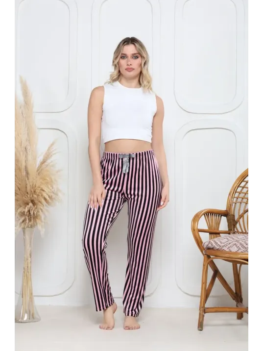 Kadife Pijama Altı Pembe Üstüne Siyah Çizgi Desenli Q7013
