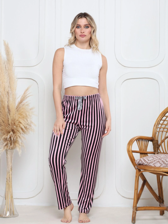 Kadife pijama altı pembe üstüne siyah çizgi desenli q7013