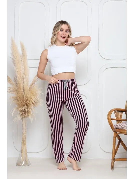 Kadife Pijama Altı Pembe Üstüne Siyah Çizgi Desenli Q7013