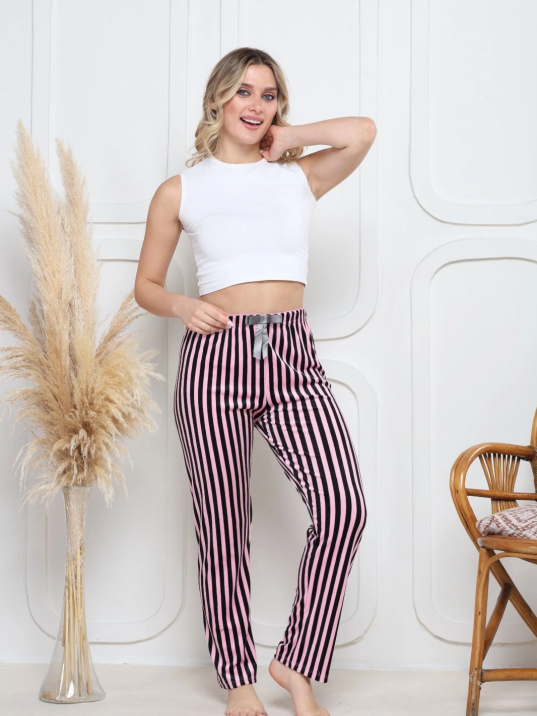 Kadife pijama altı pembe üstüne siyah çizgi desenli q7013