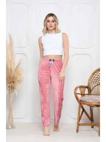Kadife Pijama Altı Pembe Üstüne Beyaz Kalpli Pontiye Desenli Q7013