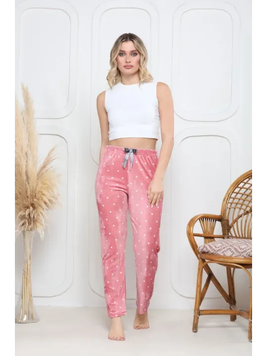 Kadife Pijama Altı Pembe Üstüne Beyaz Kalpli Pontiye Desenli Q7013